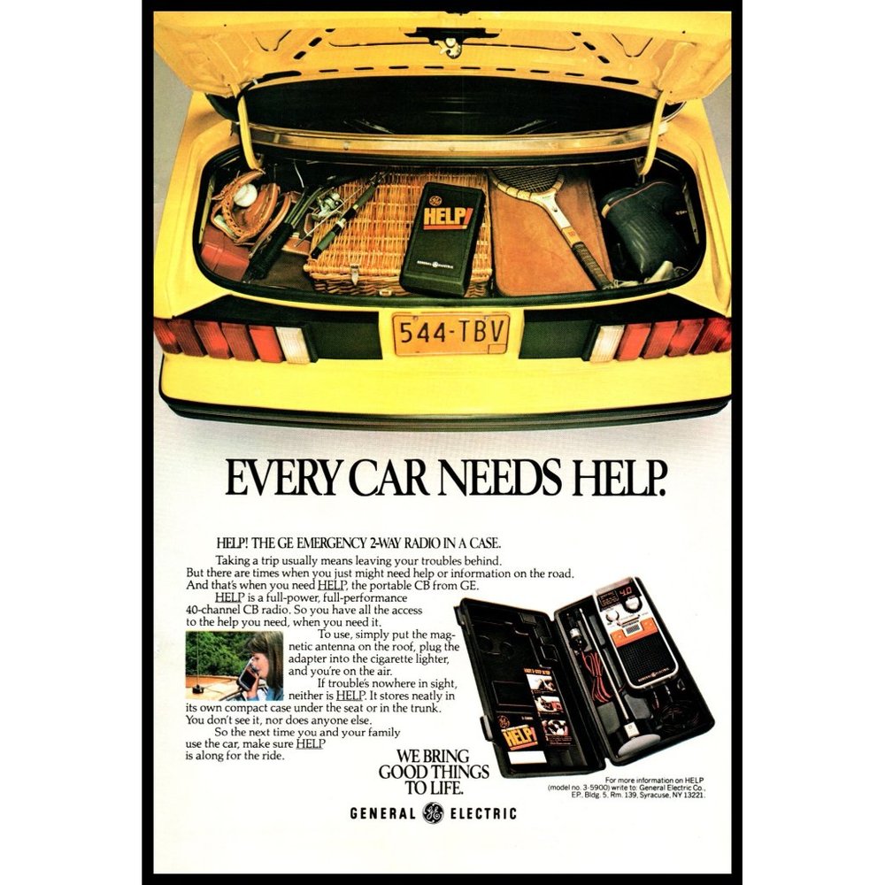 1981 GE General Electric Emergency 2 Way Radio Vintage Print Ad Yellow Mustang